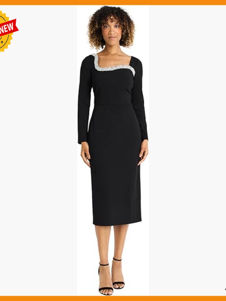 One-Shoulder Midi Dress Long Sleeve Scuba Crepe Cocktail Wedding Guest